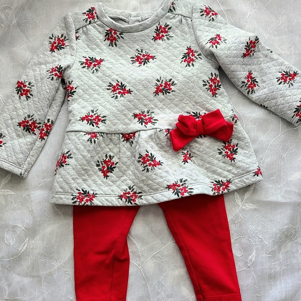 Carters Christmas Girl 12 Month Floral Quilted Top and Red Leggings Set Girly